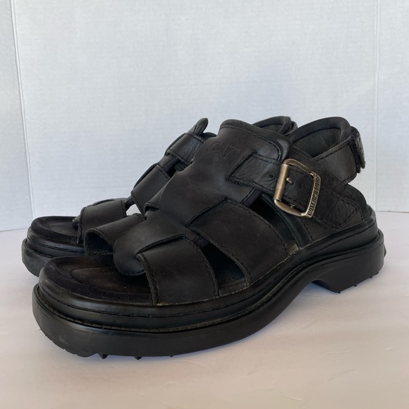 CAT Caterpillar Walking Machine Men’s Black Leather Sandals with Buckle Size 11